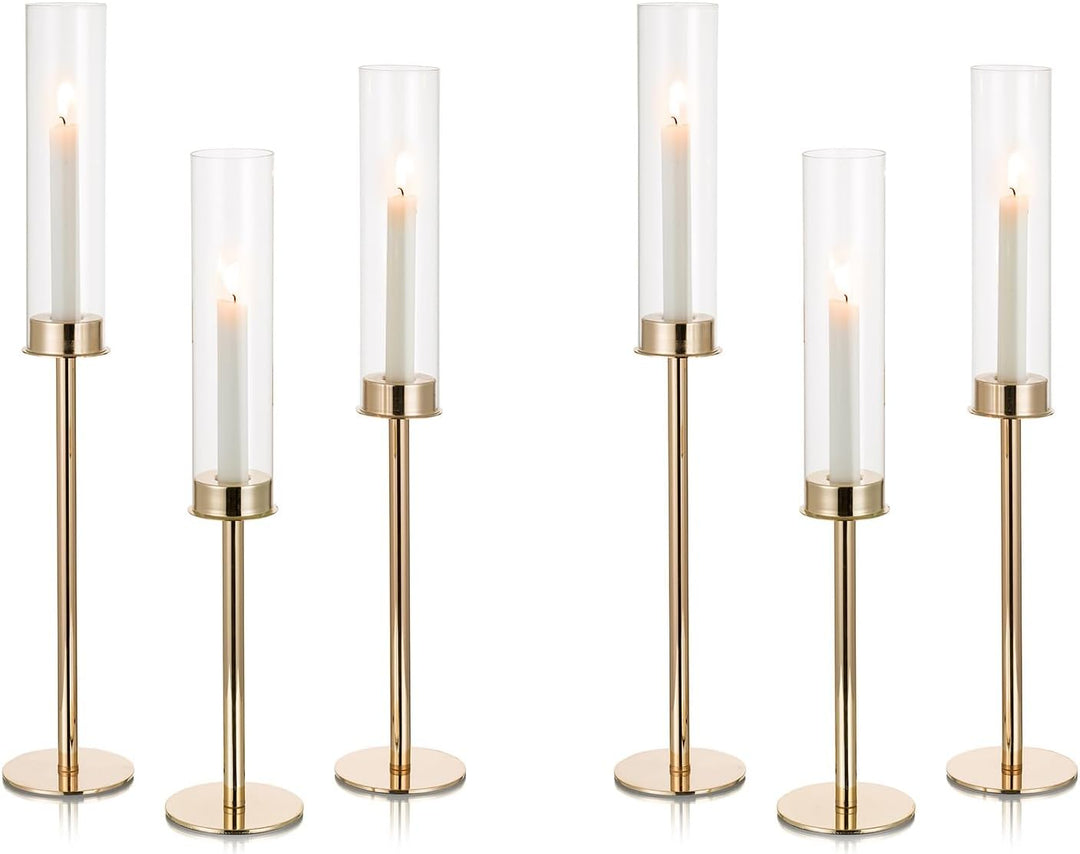Nuptio Glaszylinder für Kerzen Kerzenhalter Gold: 60 & 55 & 50cm Gross Klarglas Metall Kerzenständer