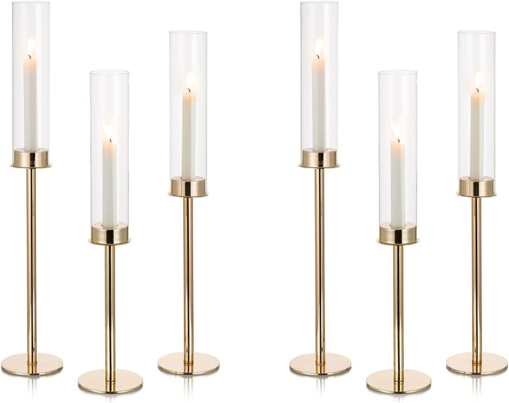 Nuptio Glaszylinder für Kerzen Kerzenhalter Gold: 60 & 55 & 50cm Gross Klarglas Metall Kerzenständer
