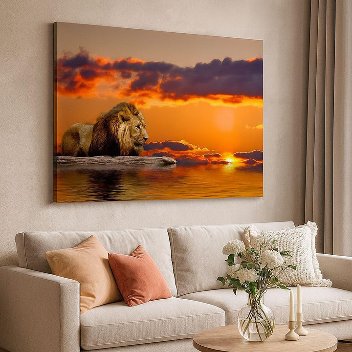 ARTTOR Bilder auf Leinwand 100x70cm Leinwandbild Löwe Sonne Landschaft Gross Wanddeko Bild Schlafzim