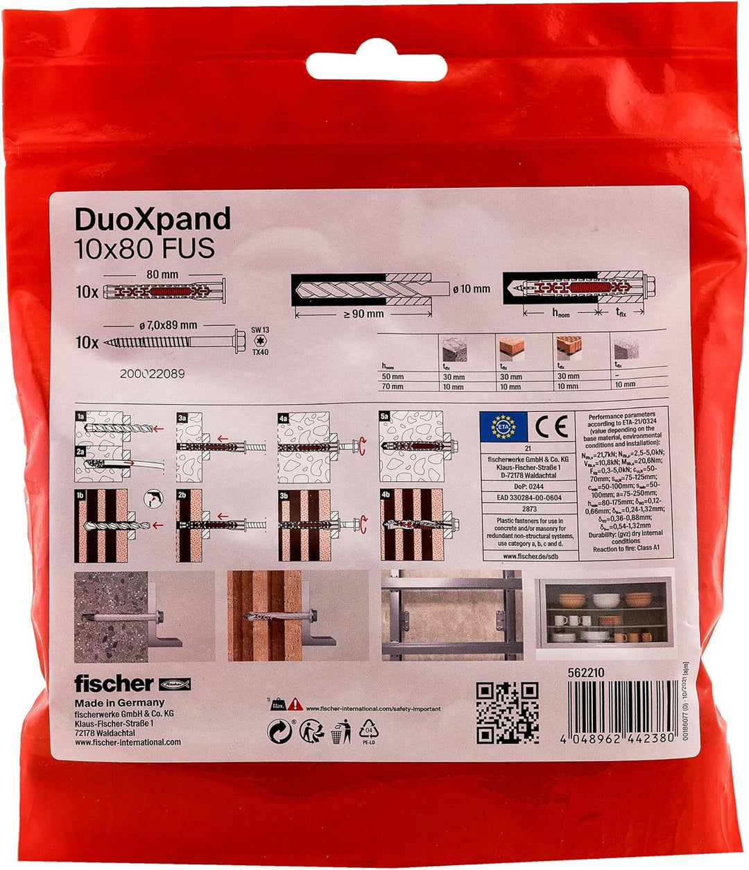 fischer DuoXpand 10 x 80 FUS R, Universaldübel mit nicht rostender Sechskantschraube & angeformter U