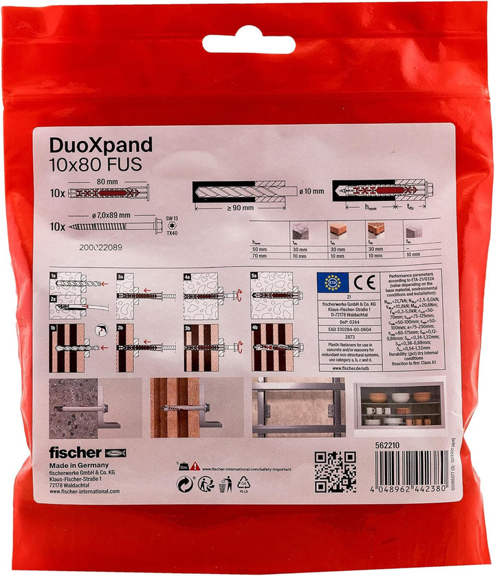 fischer DuoXpand 10 x 80 FUS R, Universaldübel mit nicht rostender Sechskantschraube & angeformter U