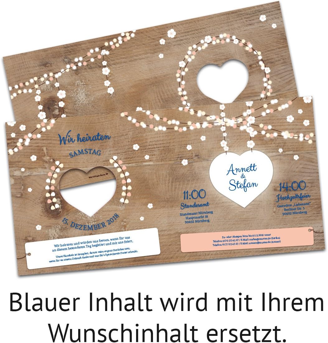 10 x Lasergeschnittene Hochzeit Einladungskarten Hochzeitseinladungen - Holz Lichtgirlande, 10