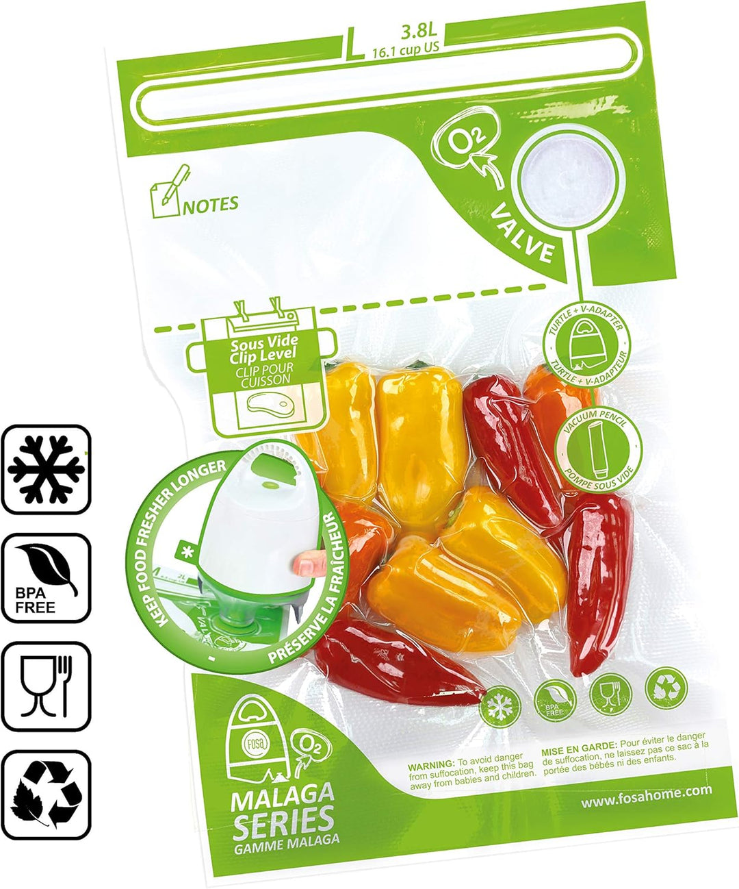 FOSA Malaga Mehrweg-Vakuumbeutel für Lebensmittel – Gross (3,8 L / 25,4 x 35,6cm), mit Zip-Verschlus