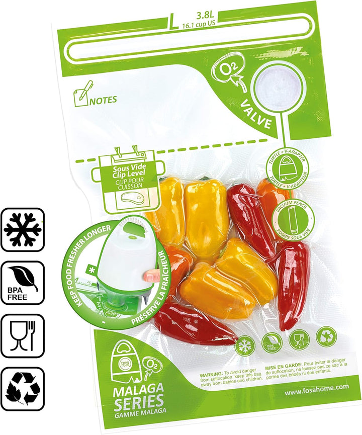 FOSA Malaga Mehrweg-Vakuumbeutel für Lebensmittel – Gross (3,8 L / 25,4 x 35,6cm), mit Zip-Verschlus