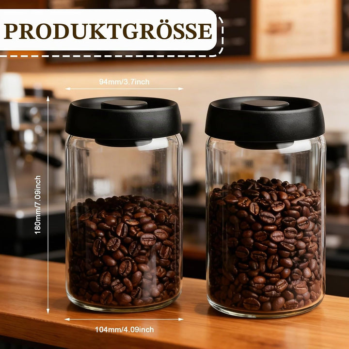 1.2L Kaffeedose Luftdicht, 2 Stück Vakuumbehälter aus Glas Mit Schwarzem Deckel Und Goldenem Knopf,