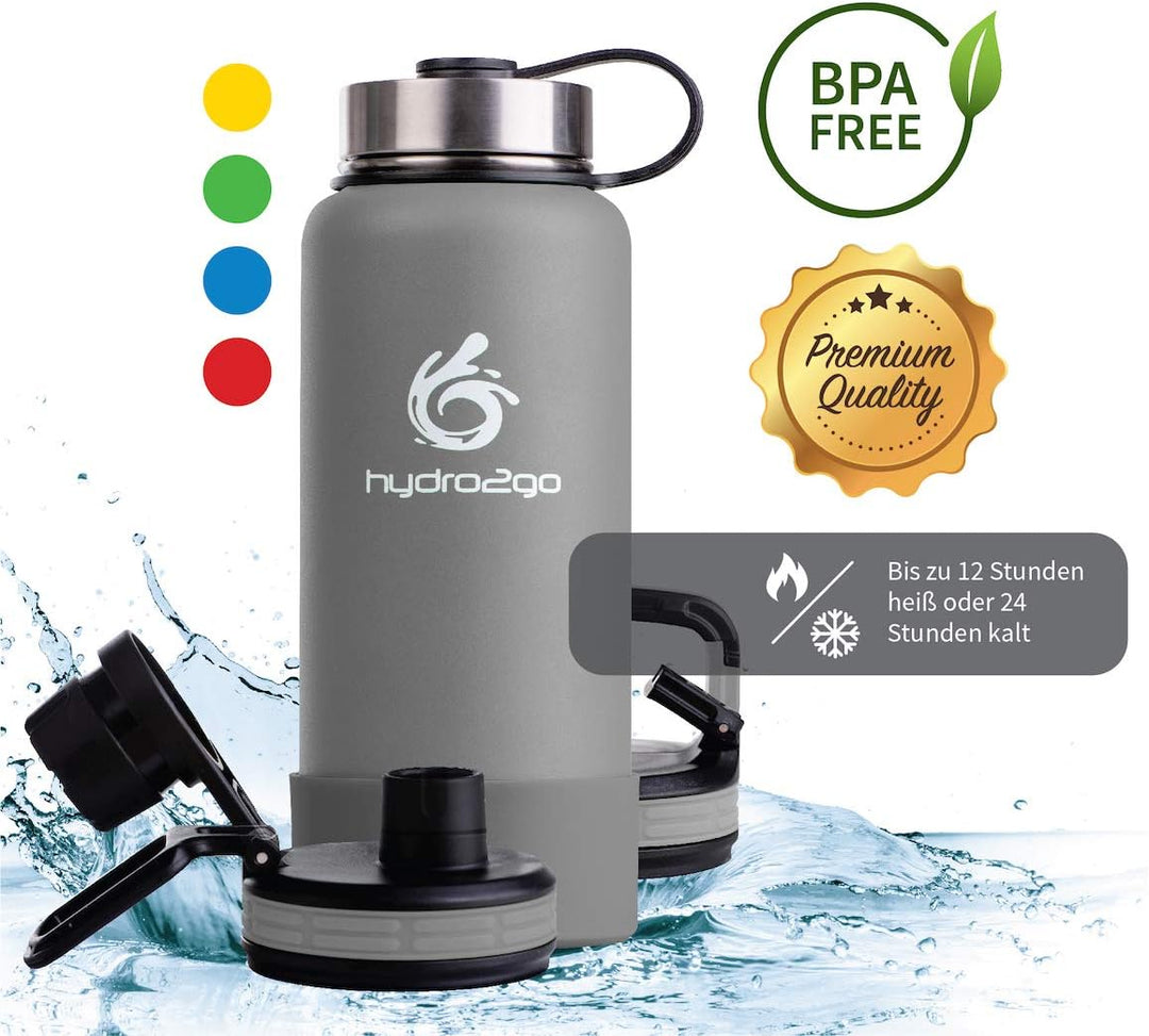 hydro2go ® Edelstahl Trinkflasche X-AlpsBottle - 1000ml / 1l | vakuumisolierte Thermosflasche + 3 Tr