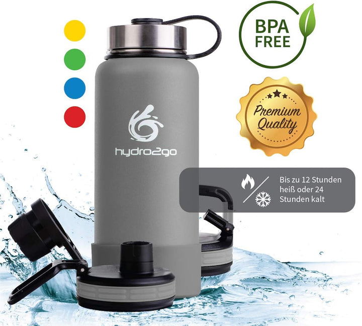 hydro2go ® Edelstahl Trinkflasche X-AlpsBottle - 1000ml / 1l | vakuumisolierte Thermosflasche + 3 Tr