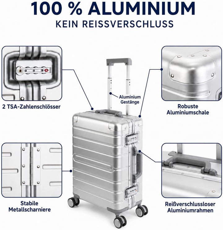 Travelhouse Oslo Alu Reisekoffer Silber M-65cm Hartschalenkoffer Reisetrolley Suitecase Trolley 2X T