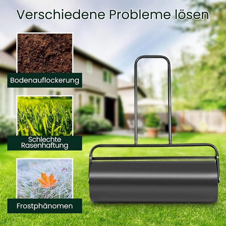 GOPLUS Rasenwalze, 48L/63L Gartenwalze befüllbar mit Wasser & Sand, Rasenroller aus Metall, Graswalz