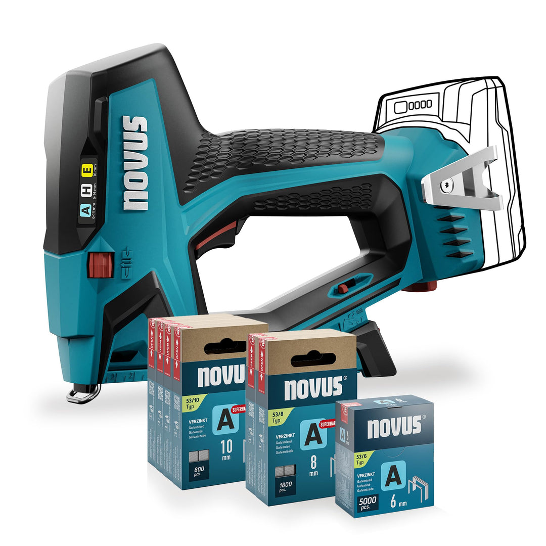 NOVUS TOOLS Akku Tacker J-550 Set inkl. 11.800 Klammern │ Für Feindrahtklammern 6-14 mm und Nägel 16