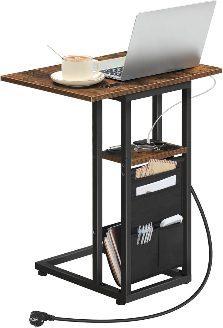 HOOBRO Beistelltisch mit Ladestation, C-Form Couchtisch mit Aufbewahrungstasche, klappbarer Sofatisc