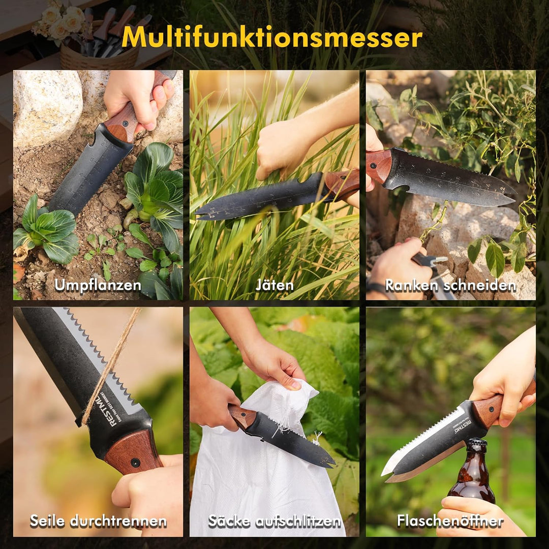RESTMO Hori Hori Gartenmesser, doppelseitiges Gärtnermesser mit Sägezahnung | Doppelspitzendesign, E