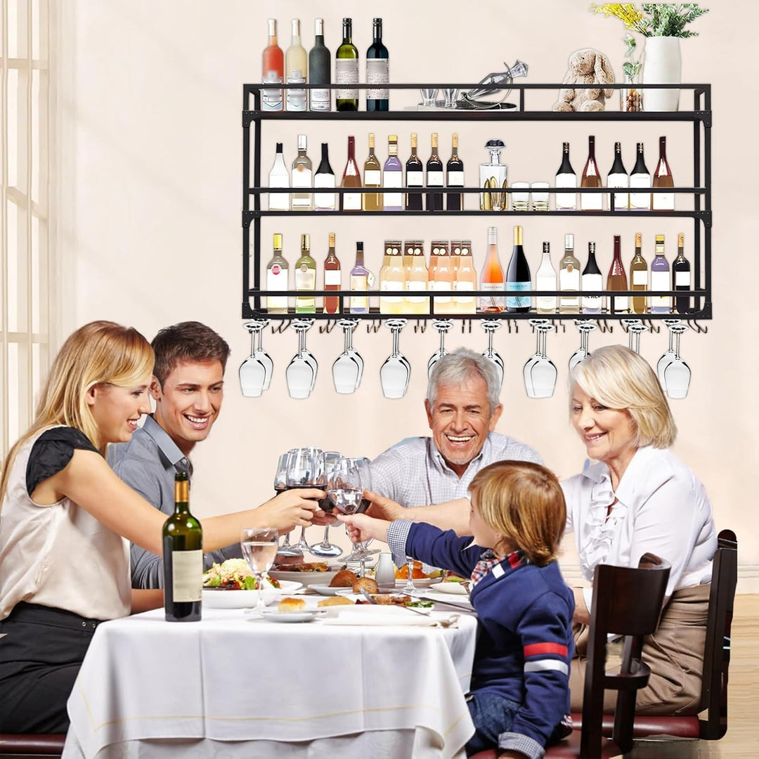 Weinregal Wand mit Glashalter, 3 Ebenen Weinpareite Display Rack, Metall Weinflasche Glashalter Wand