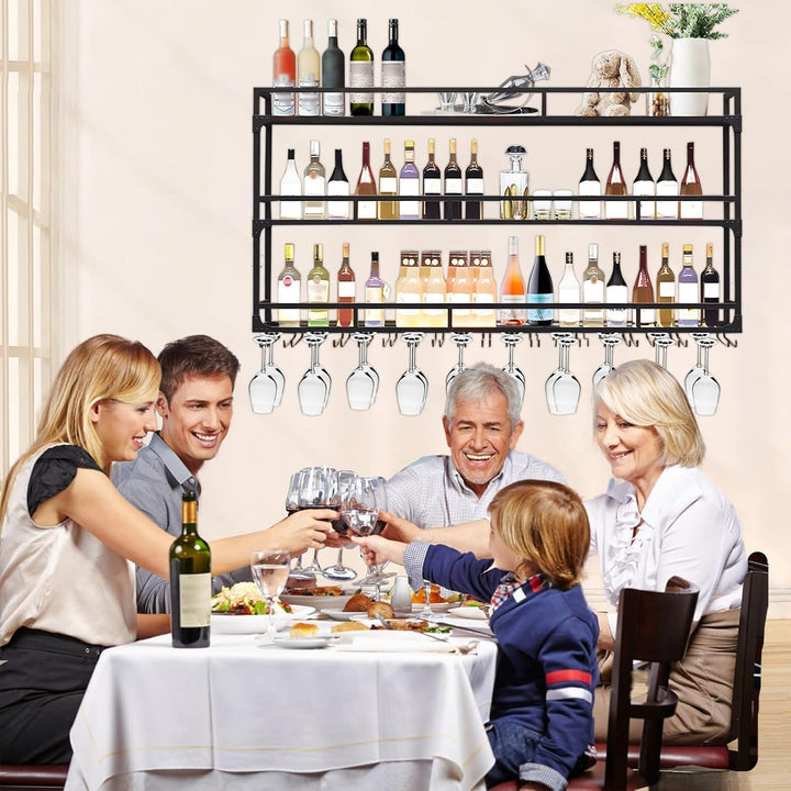 Weinregal Wand mit Glashalter, 3 Ebenen Weinpareite Display Rack, Metall Weinflasche Glashalter Wand