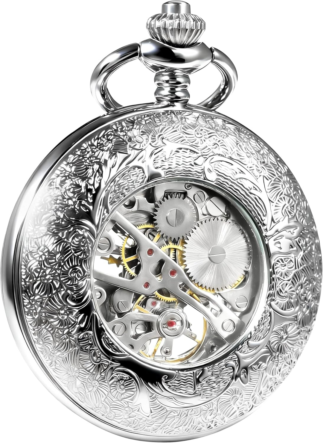 TREEWETO Unisex Taschenuhr mit Kette Analog Handaufzug Skelett Lupe Halber Jäger Silber