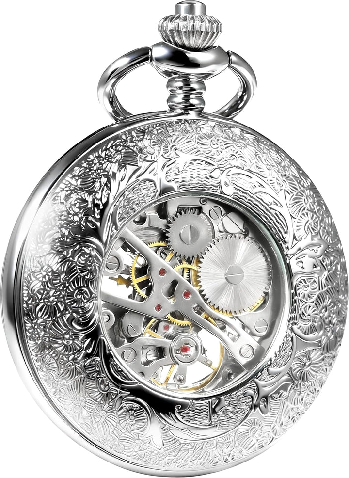 TREEWETO Unisex Taschenuhr mit Kette Analog Handaufzug Skelett Lupe Halber Jäger Silber