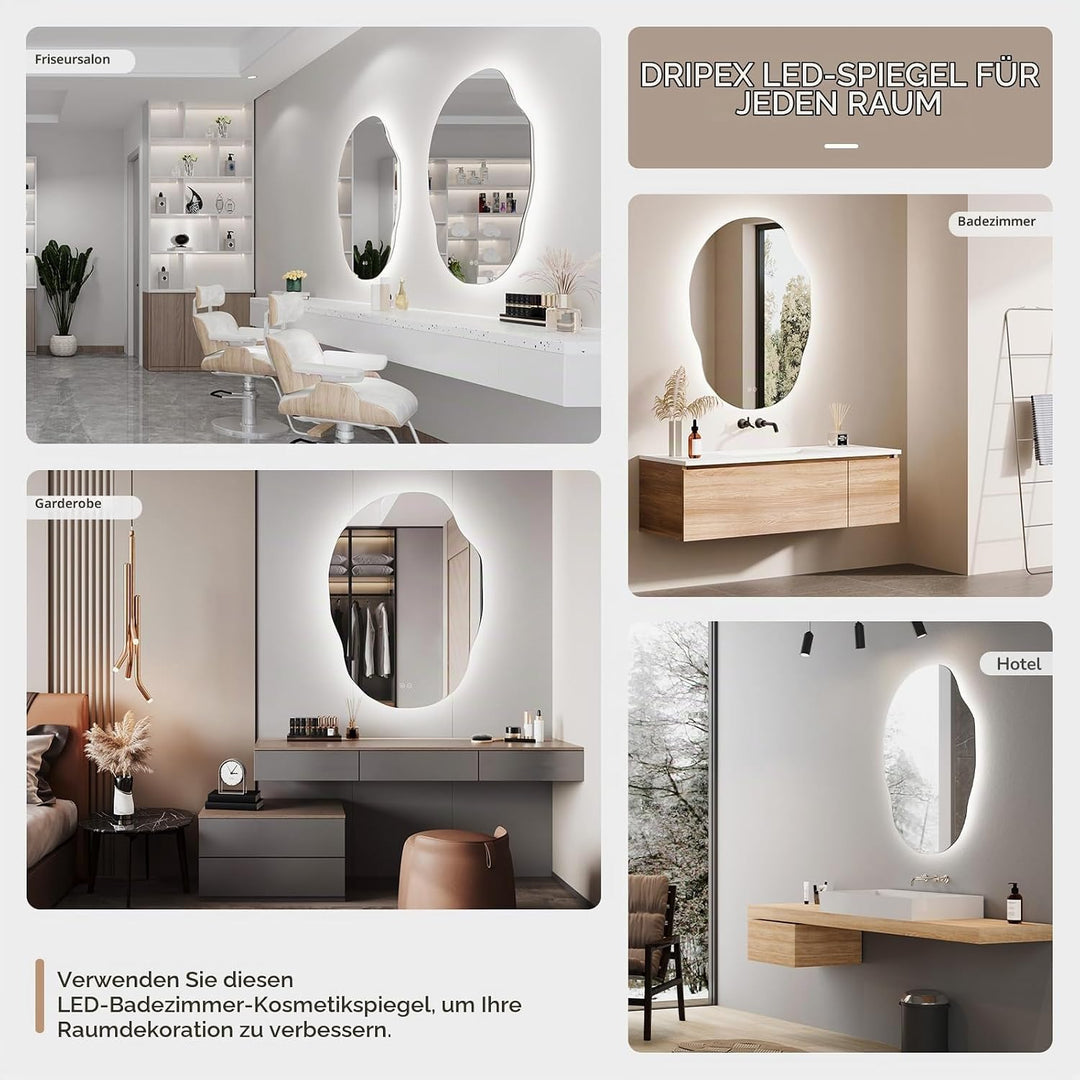 Dripex Badezimmerspiegel Led Badspiegel, Asymmetrisch, Touch-Schalter, Dimmbar, 3 Lichtfarbe Einstel