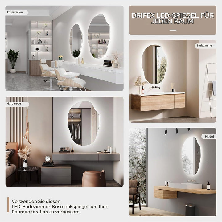 Dripex Badezimmerspiegel Led Badspiegel, Asymmetrisch, Touch-Schalter, Dimmbar, 3 Lichtfarbe Einstel