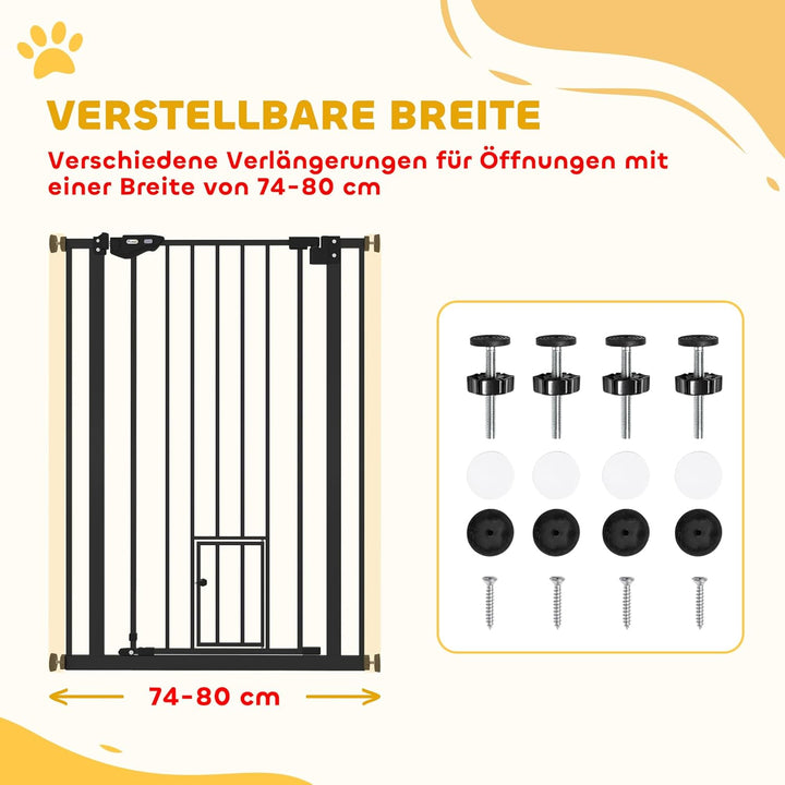 PawHut Treppenschutzgitter Türschutzgitter Ohne Bohren 74-80cm Kinderschutzgitter mit Katzenklappe A