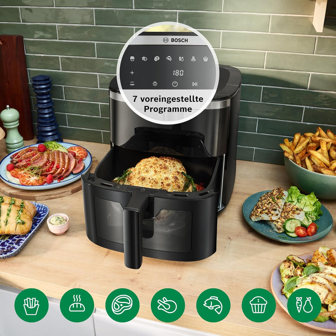 Bosch Heissluftfritteuse Serie 6, XXL 7,2 L Fassungsvermögen, 7 voreingestellte Programme, beleuchte