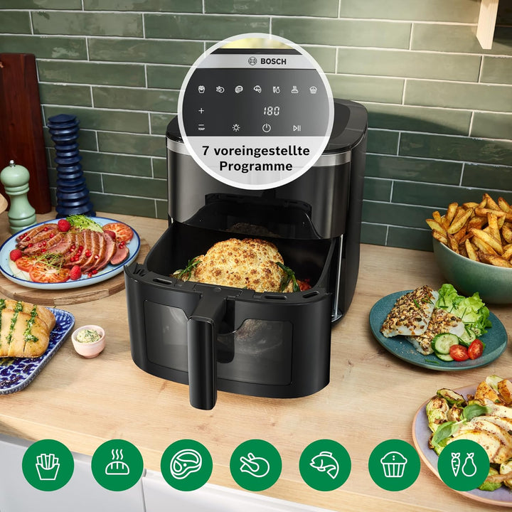 Bosch Heissluftfritteuse Serie 6, XXL 7,2 L Fassungsvermögen, 7 voreingestellte Programme, beleuchte