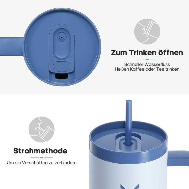 Trinkflasche Mit Strohhalm 1,2L-Thermobecher Mit Henkel, Doppelwandige Vakuumisolierung, Auslaufsich