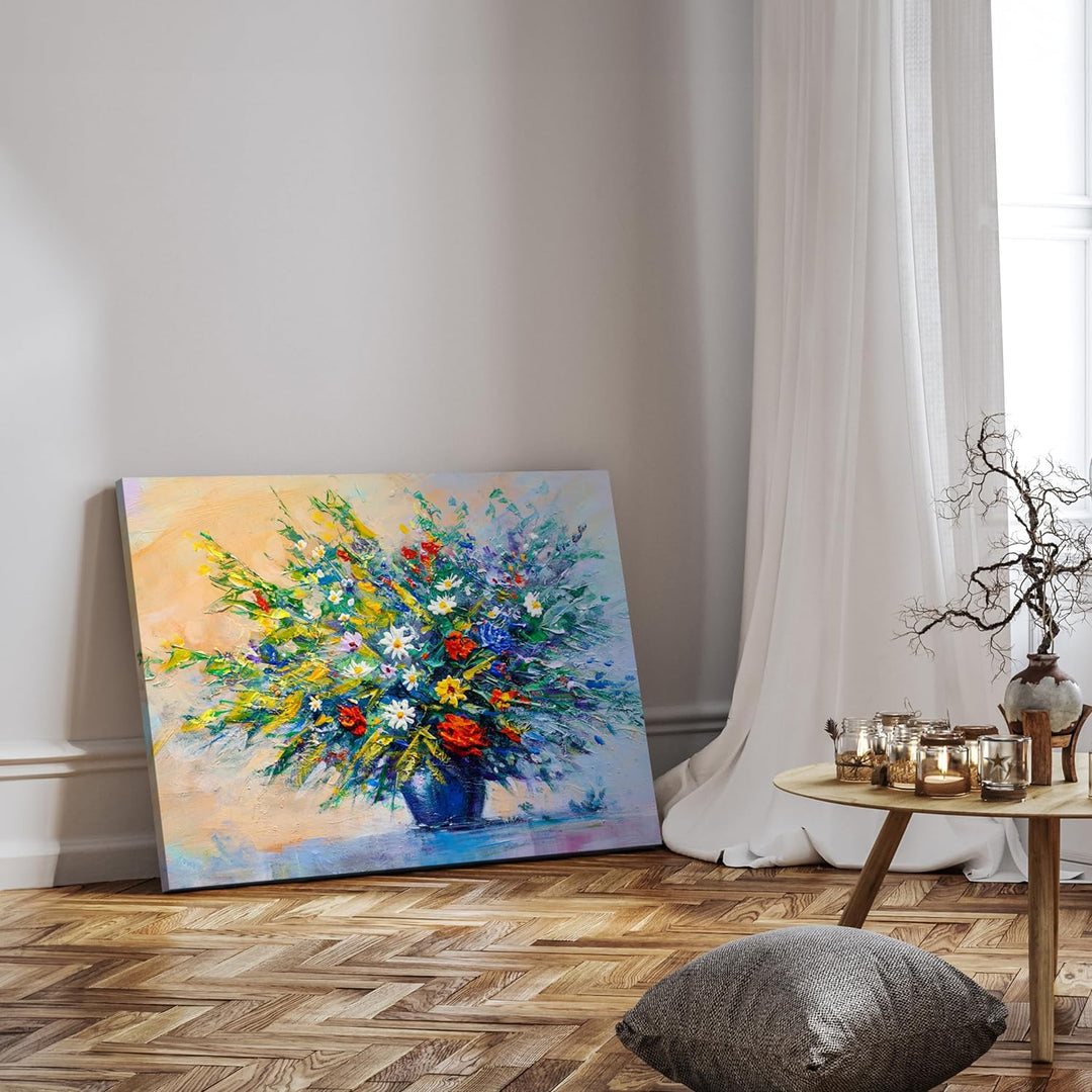 wandmotiv24 Leinwandbild Malerei, 100x75cm, Querformat, Blumen, Vase, Deko, Bilder auf Leinwand, Wan