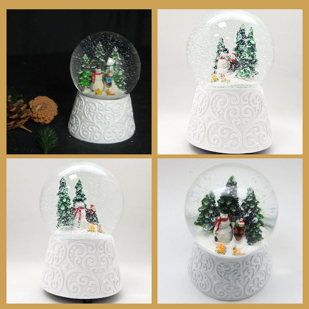 Schneekugel Weihnachten Spieluhr | Schneemann Steht Kind auf Schlitten| Ornament Sockel weiss | Höhe