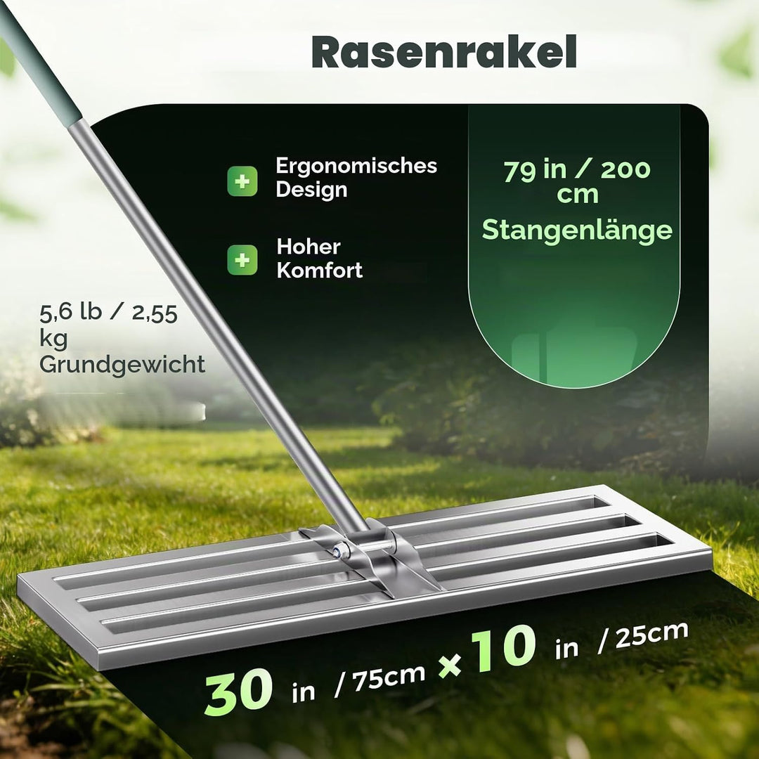 75 x 25 cm robuster Rasenrechen – Vollständig geschlossene Edelstahl-Basis, langlebiger Griff, für R