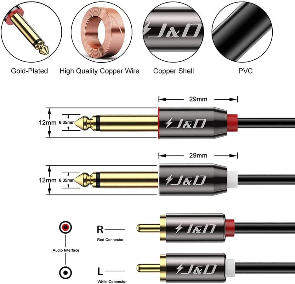 J&D Cinch auf 6,3mm Klinke Kabel 7,6m, Cinch Kabel Gold-Plated Kupfer Shell Heavy Duty 2 Cinch Männl