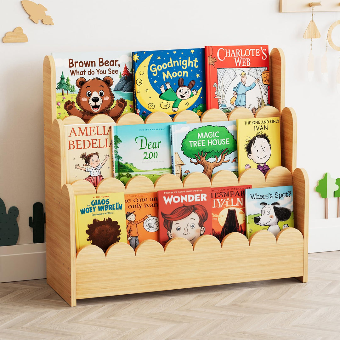 SpaceAid 3-stufiges Kinder Bücherregal mit geschwungenen Kanten, Montessori Bücherregal für Kleinkin