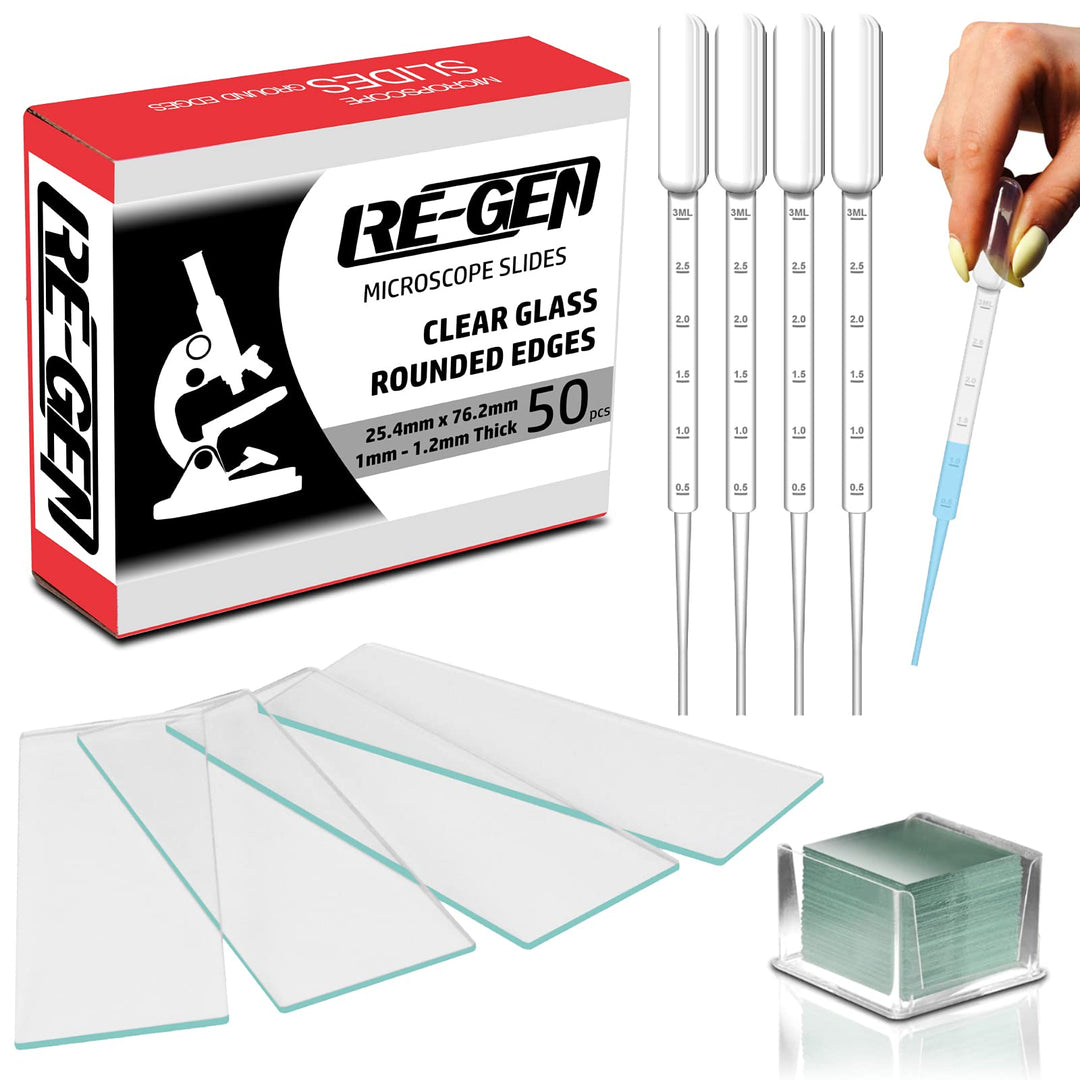 RE-GEN Mikroskop-Test-Set, 50 runde Glasschieber, 100 Abdeckschieber + 50 Kunststoff-Pipetten.
