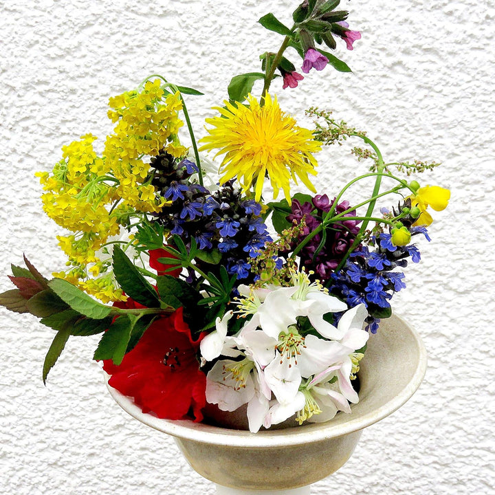 Blumensteckschale beige-grün, 2-teilig, handgetöpfert, 13 cm Durchmesser, Steinzeug