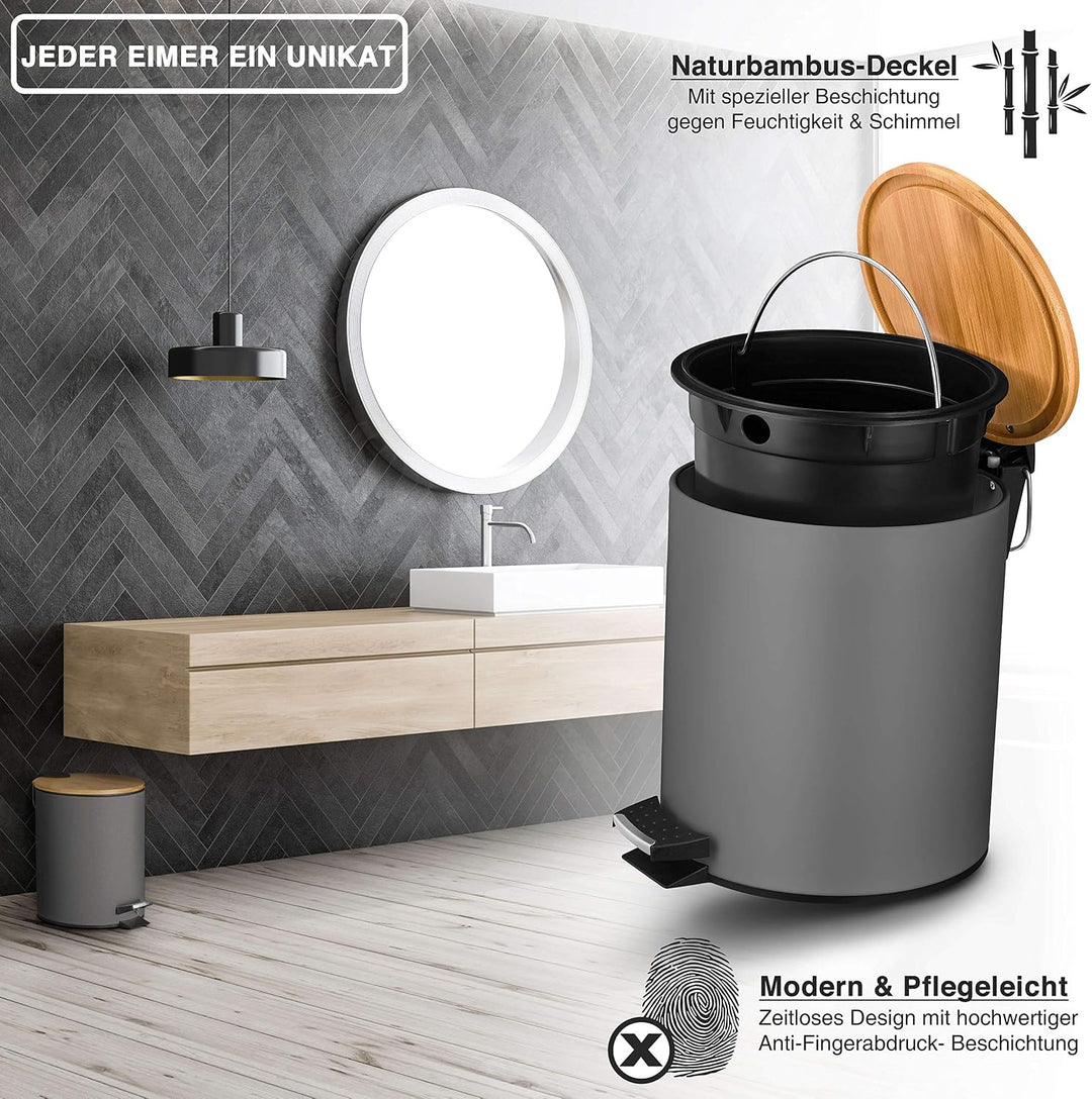 VMbathrooms 5L Kosmetikeimer in edlem grauem Design | Tretmülleimer mit Absenkautomatik (Soft Close)