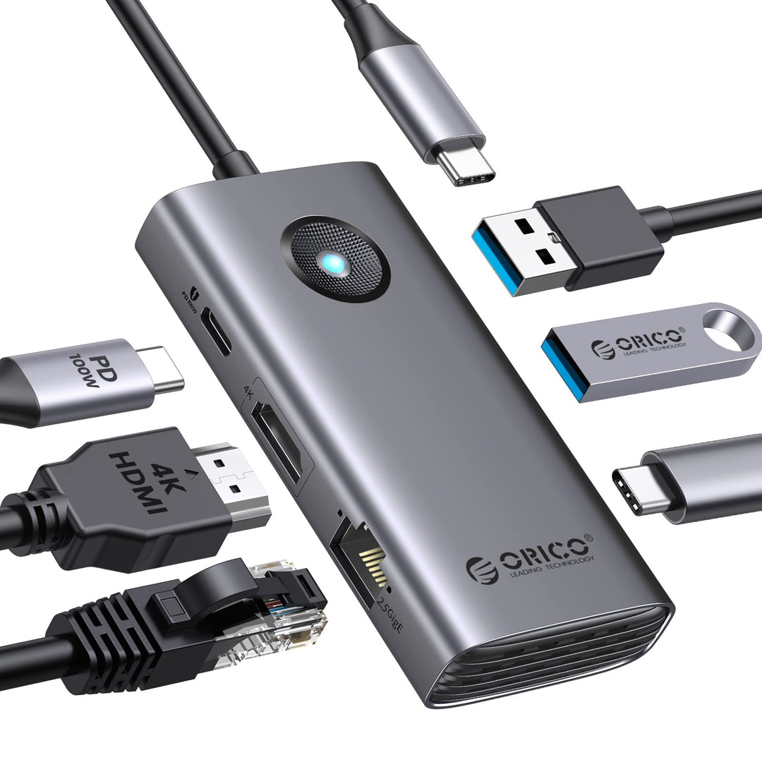 Docking Station, ORICO 6 in 1 USB C Hub mit 4K HDMI, 2.5G Ethernet, PD 100 W, 2 USB-A 3.0 Ports, 1 U