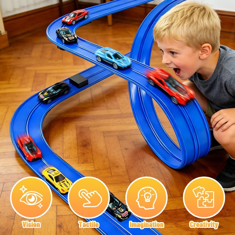 Tragbare Rennbahn für Kinder 5 Meter Flexible Dual-Rennstrecke mit 4 Leichtmetall-Autos, Rampen & Au