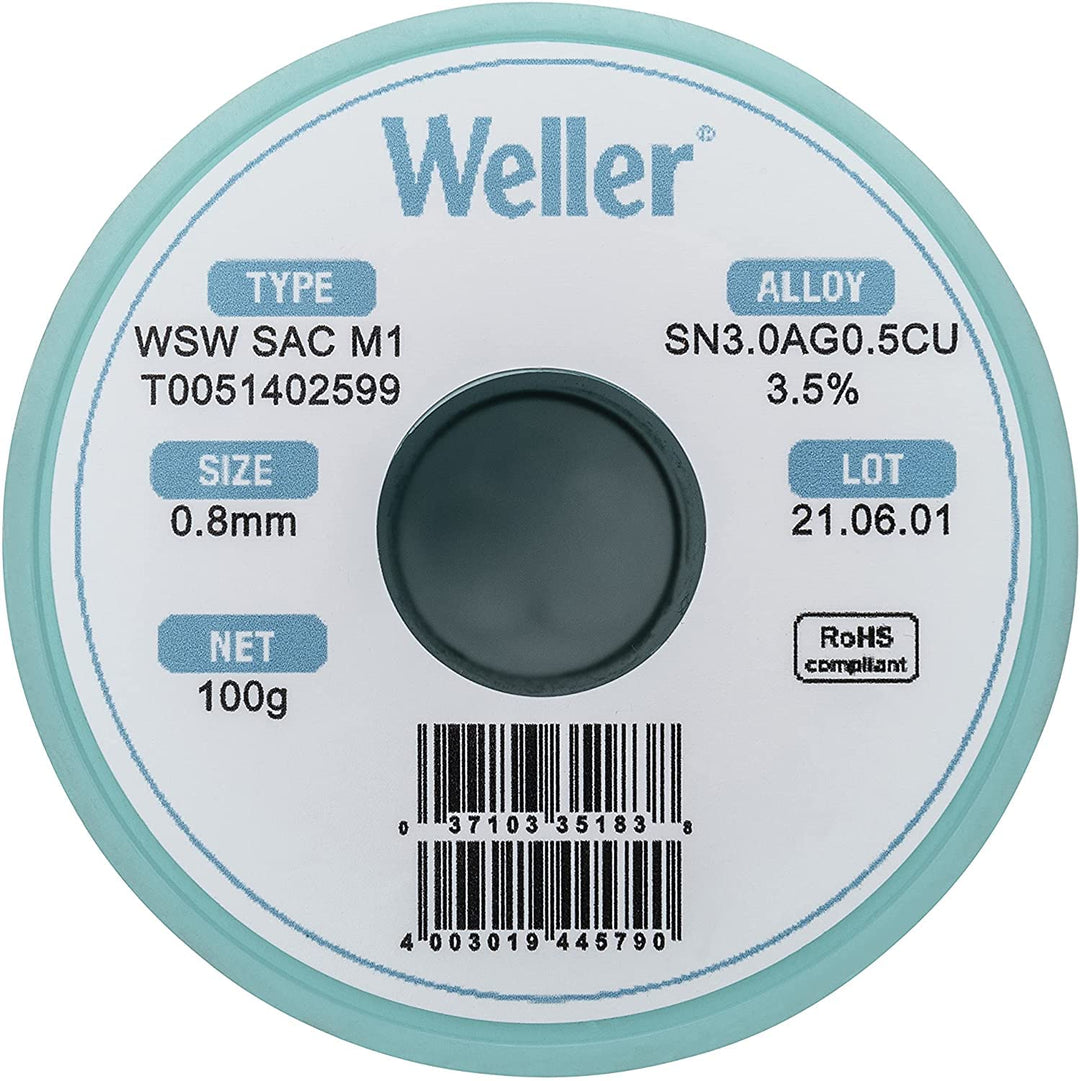 Weller WSW SAC M1 (T0051402599) Bleifreier Lötdraht, Ø 0,8mm, Legierung Sn96.5Ag3Cu0.5, Flussmittelg