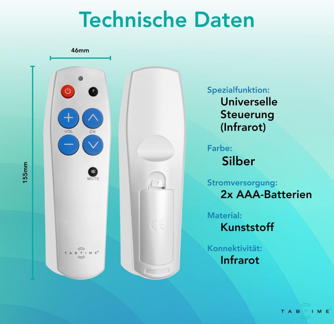 TabTime TV-Fernbedienung mit grossen Tasten – Einfach zu bedienen und einzurichten – Universelle – E