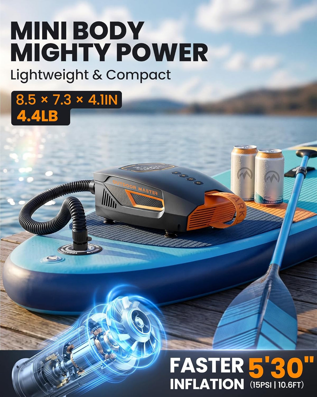 OutdoorMaster Shark 3 Mini 74Wh Tragbare Elektrische SUP Pumpe, Aufblaszeit 5'30", Wiederaufladbare