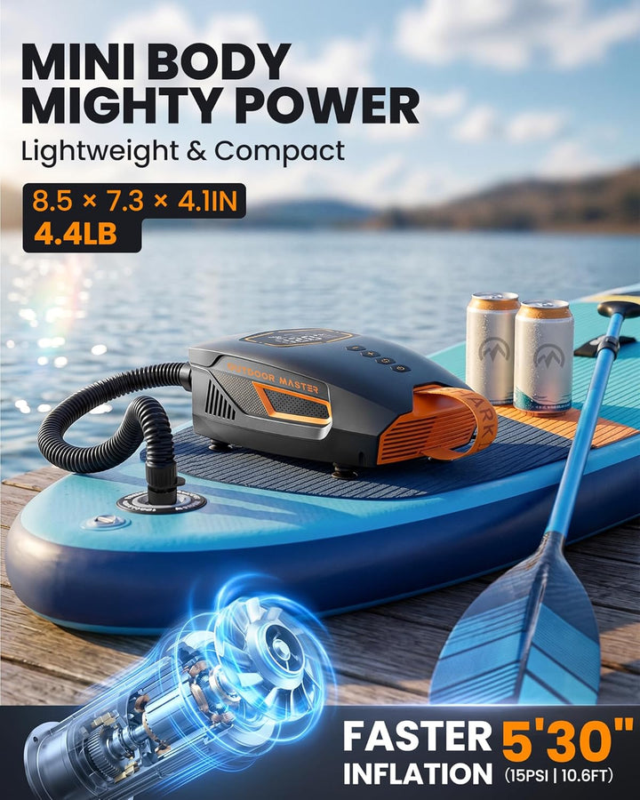 OutdoorMaster Shark 3 Mini 74Wh Tragbare Elektrische SUP Pumpe, Aufblaszeit 5'30", Wiederaufladbare