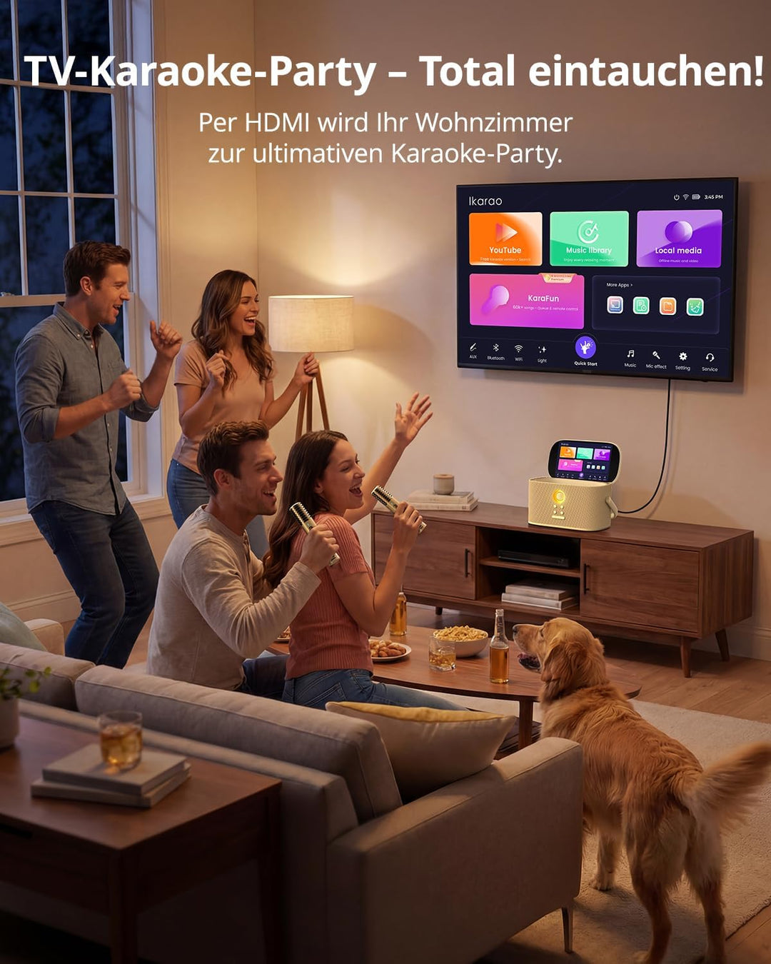 Ikarao Karaoke-Maschine für Erwachsene, mit Songtext-Display, 2 selbstaufladende drahtlose Mikrofone