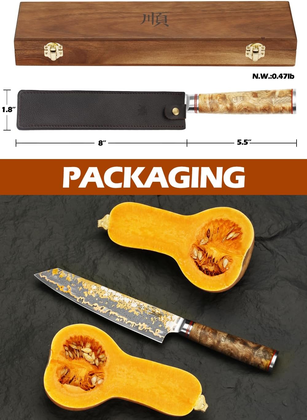 YOUSUNLONG Kiritsuke Kochmesser - 210mm Japanische Kupfer Damaszener Stahl Klinge - Rasiermesserscha