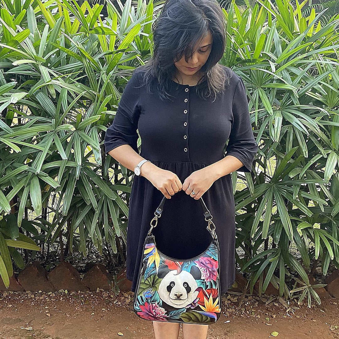 Anuschka Handbemalte Schmale Hobo Tasche, Erweiterbar, mit Crossbody Riemen Happy Panda, Dragonfly G