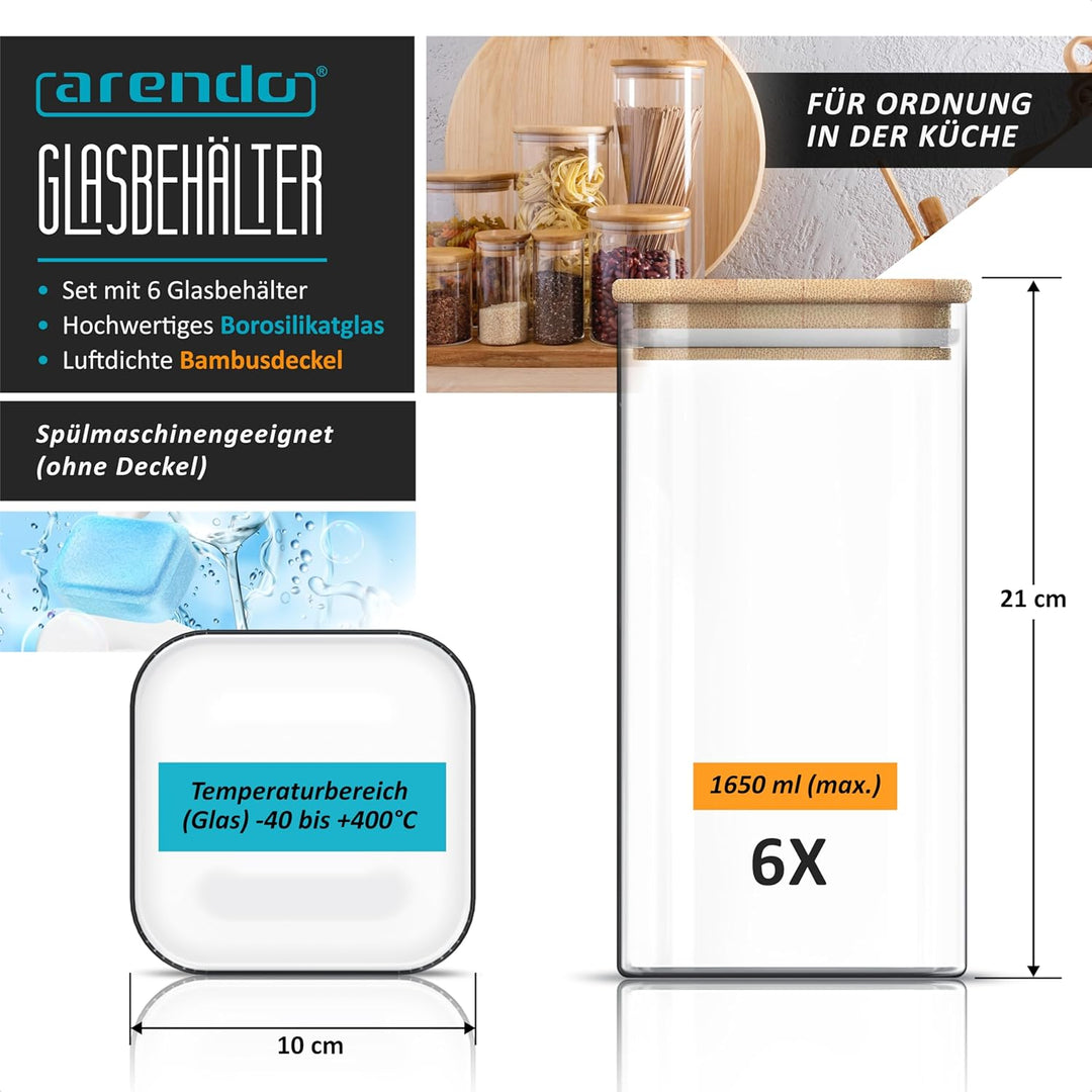 Arendo - Vorratsgläser mit Deckel - 6er Set - Behälter aus Glas – hitzebeständig – Vorratsdosen mit