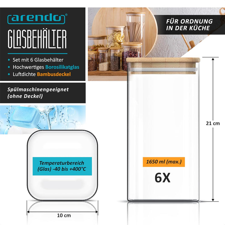 Arendo - Vorratsgläser mit Deckel - 6er Set - Behälter aus Glas – hitzebeständig – Vorratsdosen mit