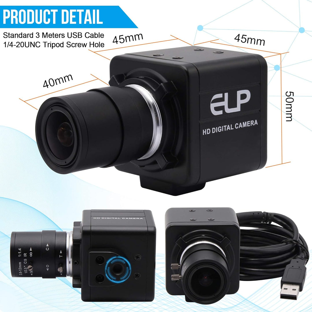 ELP Web Kamera 1080P mit 2.8-12mm Zoom Objektiv,2MP OV4689 60fps Weitwinkel Webcam Plug&Play für PC,