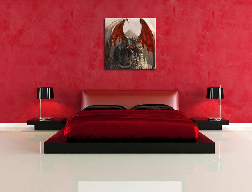 Pixxprint Dragon Castle, Format: 70x70 auf Leinwand, XXL riesige Bilder fertig gerahmt mit Keilrahme