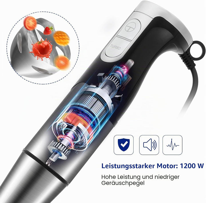 NWOUIIAY Stabmixer set 6-in-1 Pürierstab Edelstahl Set 1200W Stabmixer 600ml Messbecher, Schneebesen