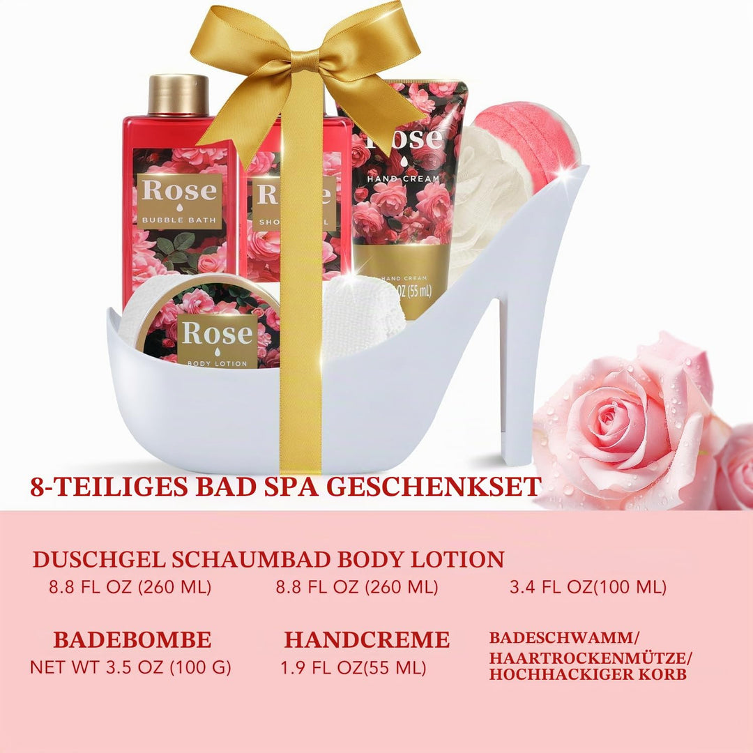 SPA LUXETIQUE Wellness Set für Frauen - 8tlg Rosenduft Bade Geschenkset mit Duschgel,Bodylotion,Scha
