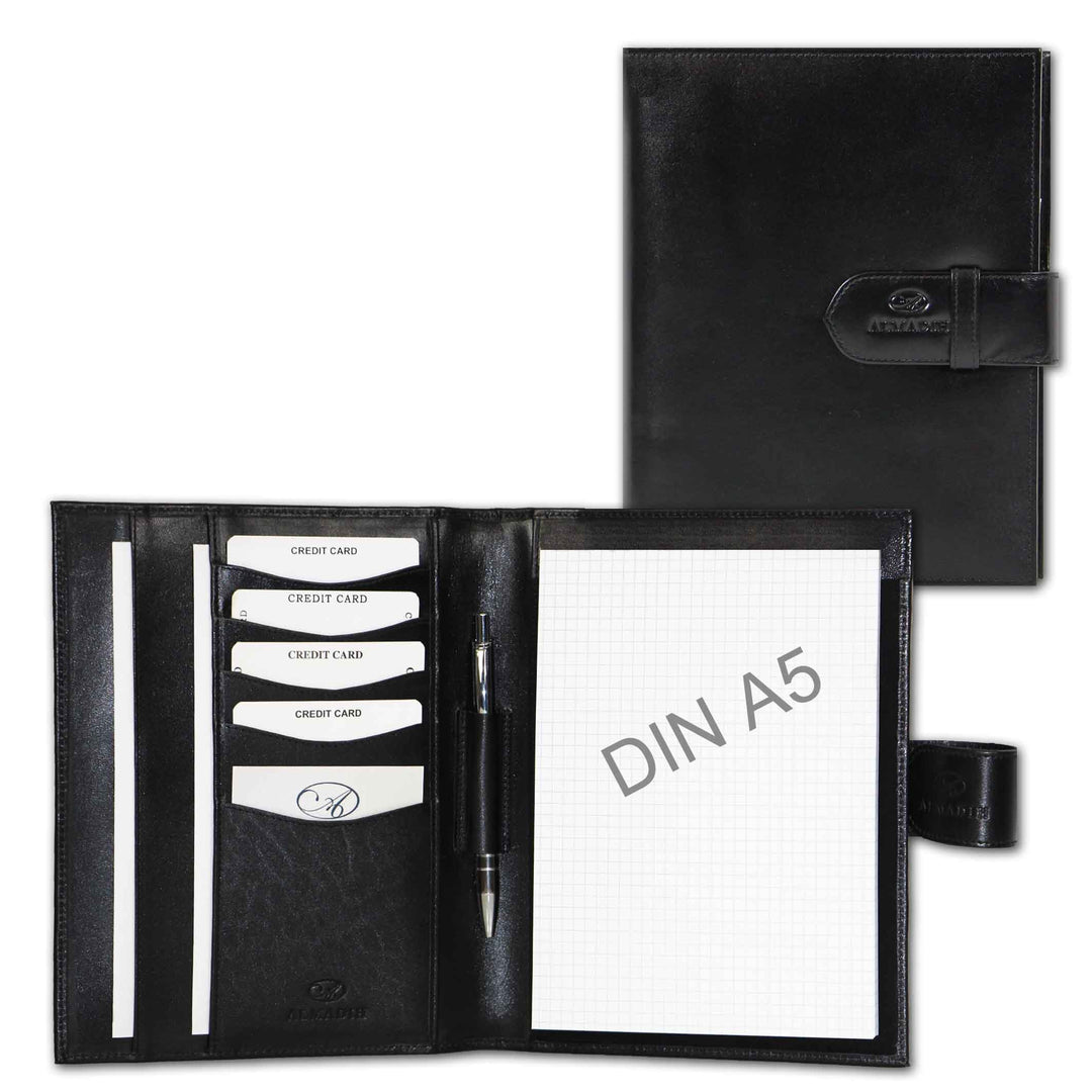 ALMADIH Leder A5 Schreibmappe mit Schreibblock Premium Rindsleder Schwarz Onyx Ledermappe Mappe Doku